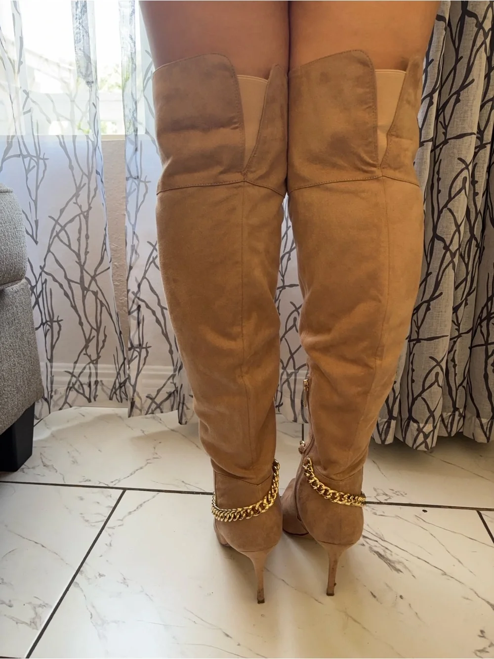 Jessica Simpson Tan Over-The-Knee Stiletto Boots with Gold Chain Trim